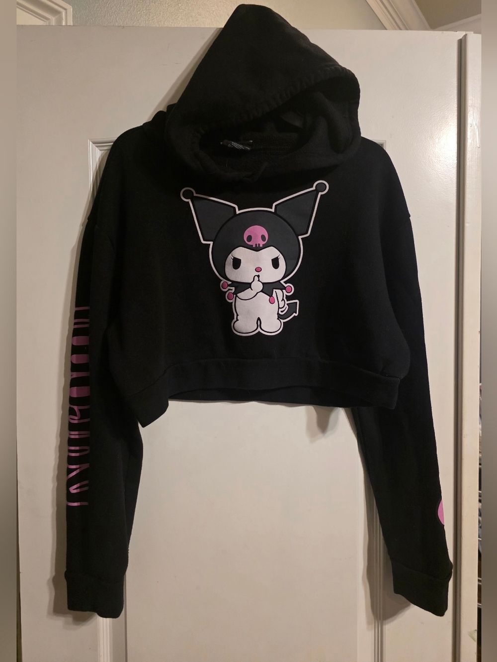 Kuromi Black Cropped Hoodie with Pink Accent